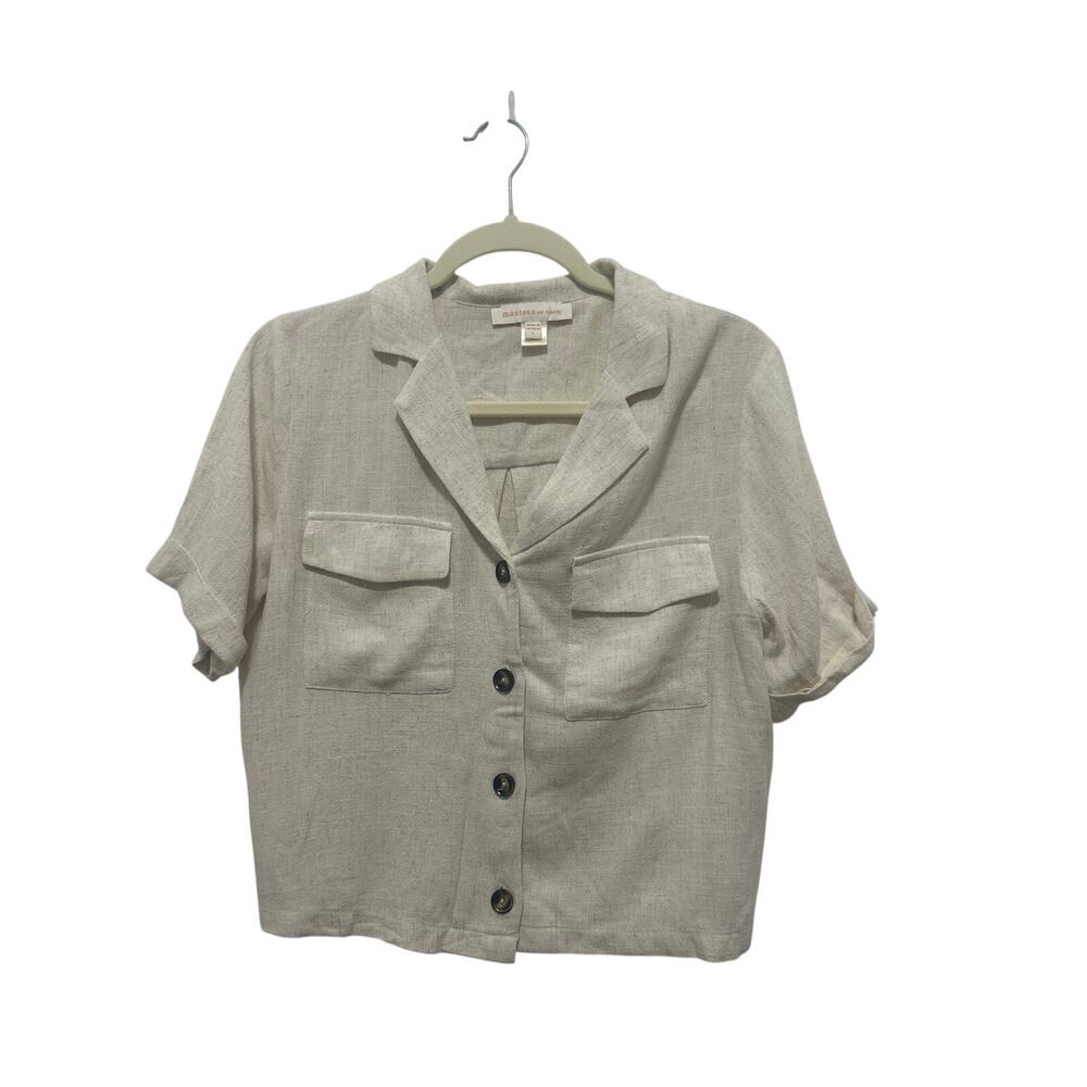 Monteau Los Angelous Cream Tan Cropped Button-up Linen Blend Boxy Shirt L NWT
